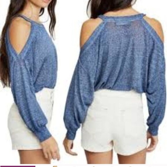 Free People We The Free Blue Burnout Chill Out Cold Shoulder Top M - Picture 2 of 5